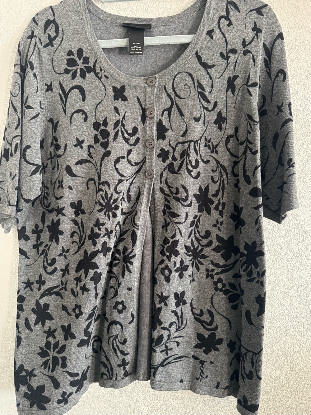 Lane Bryant Gray Black Floral Botanical Button Front Cardigan Size 14/16